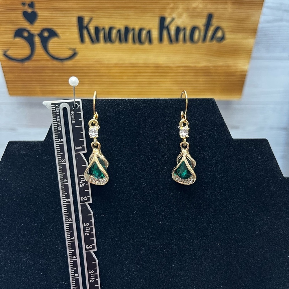 Gold Tone Green Stone Teardrop Earrings - Picture 2 of 2